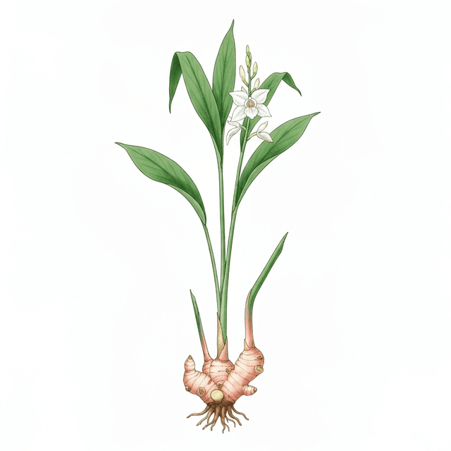 Galangal (ข่า (Khaa)) Ghibli style botanical illustration
