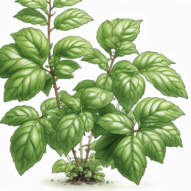 Holy Basil (กะเพรา (Krapow)) Ghibli style botanical illustration