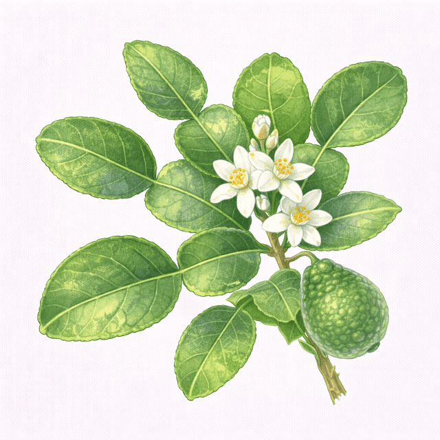 Lime Leaf (ใบมะกรูด (Bai Makrut)) Ghibli style botanical illustration