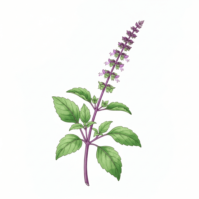 Thai Basil (ใบโหระพา (Bai Horapha)) Ghibli style botanical illustration